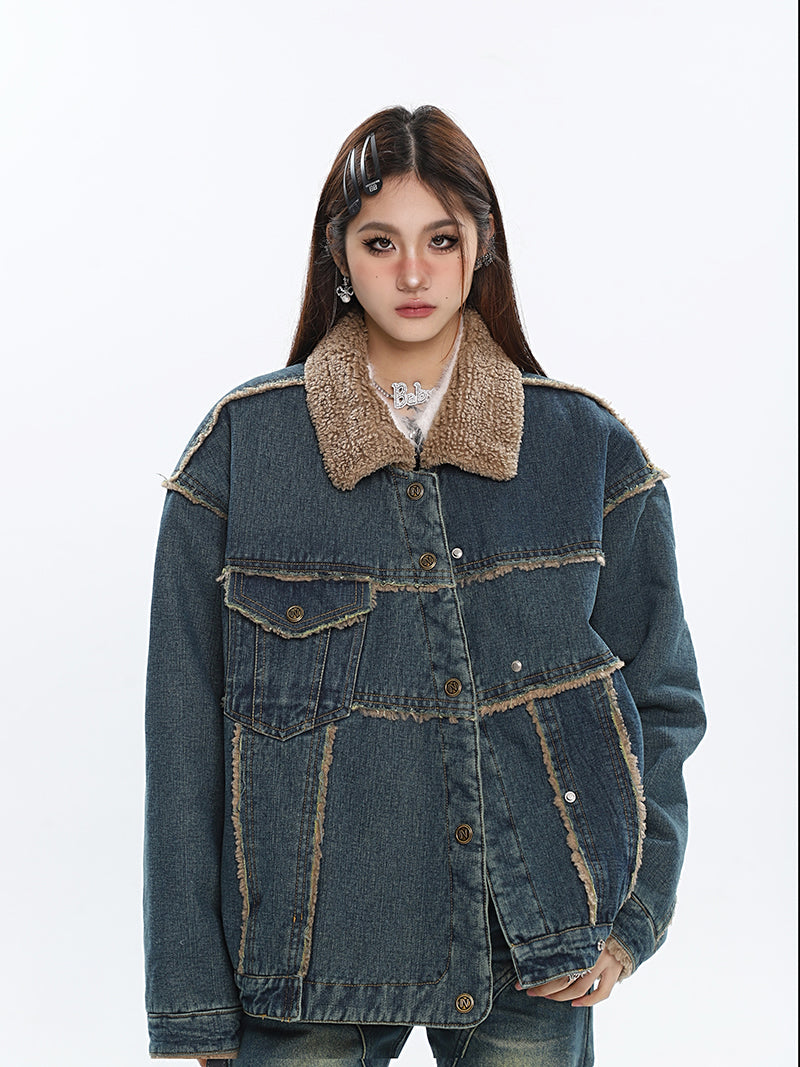 Julissa Blue Denim Patchwork Fleece Button Up Long Sleeve Jacket