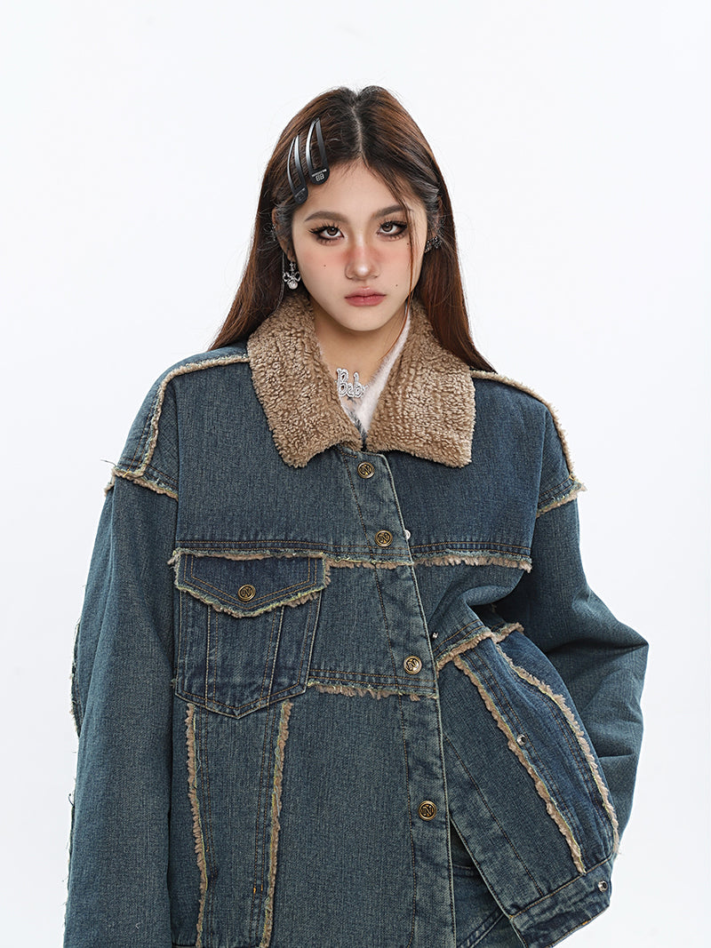 Julissa Blue Denim Patchwork Fleece Button Up Long Sleeve Jacket