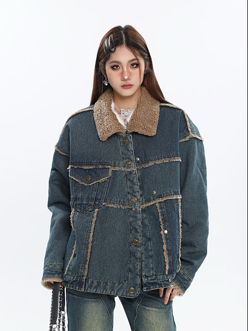 Julissa Blue Denim Patchwork Fleece Button Up Long Sleeve Jacket