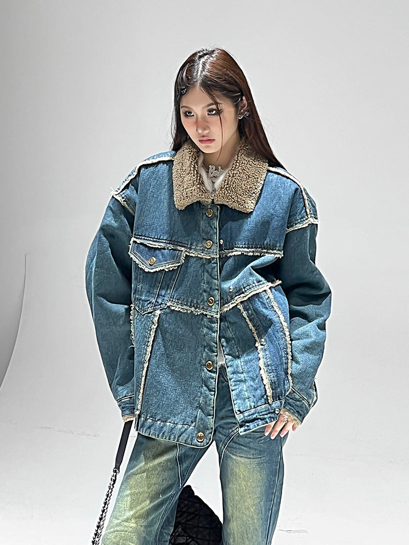 Julissa Blue Denim Patchwork Fleece Button Up Long Sleeve Jacket