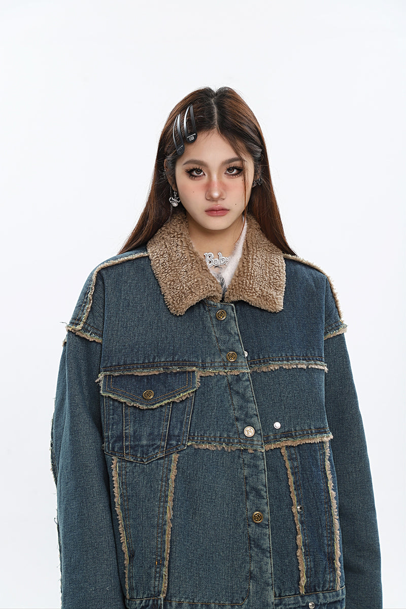 Julissa Blue Denim Patchwork Fleece Button Up Long Sleeve Jacket