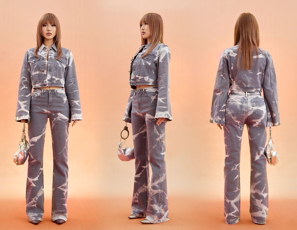 Unicorn Blood Bleached Grey Denim Jeans Cropped Button Up Jacket High Waist Pants Matching Set