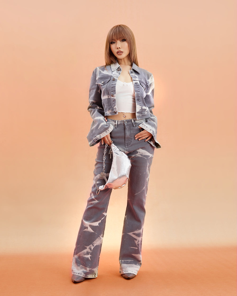 Unicorn Blood Bleached Grey Denim Jeans Cropped Button Up Jacket High Waist Pants Matching Set