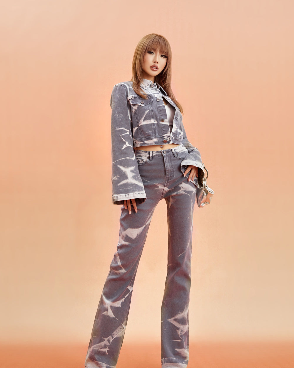 Unicorn Blood Bleached Grey Denim Jeans Cropped Button Up Jacket High Waist Pants Matching Set