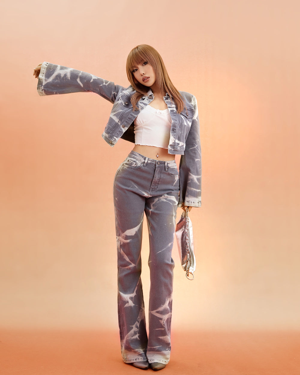 Unicorn Blood Bleached Grey Denim Jeans Cropped Button Up Jacket High Waist Pants Matching Set