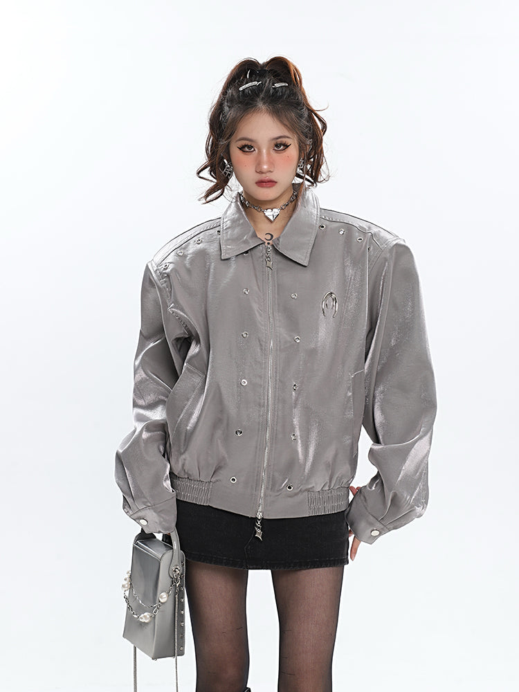 Alexia Solid Color Silver Reflective Leather Long Sleeve Zip Up Jacket