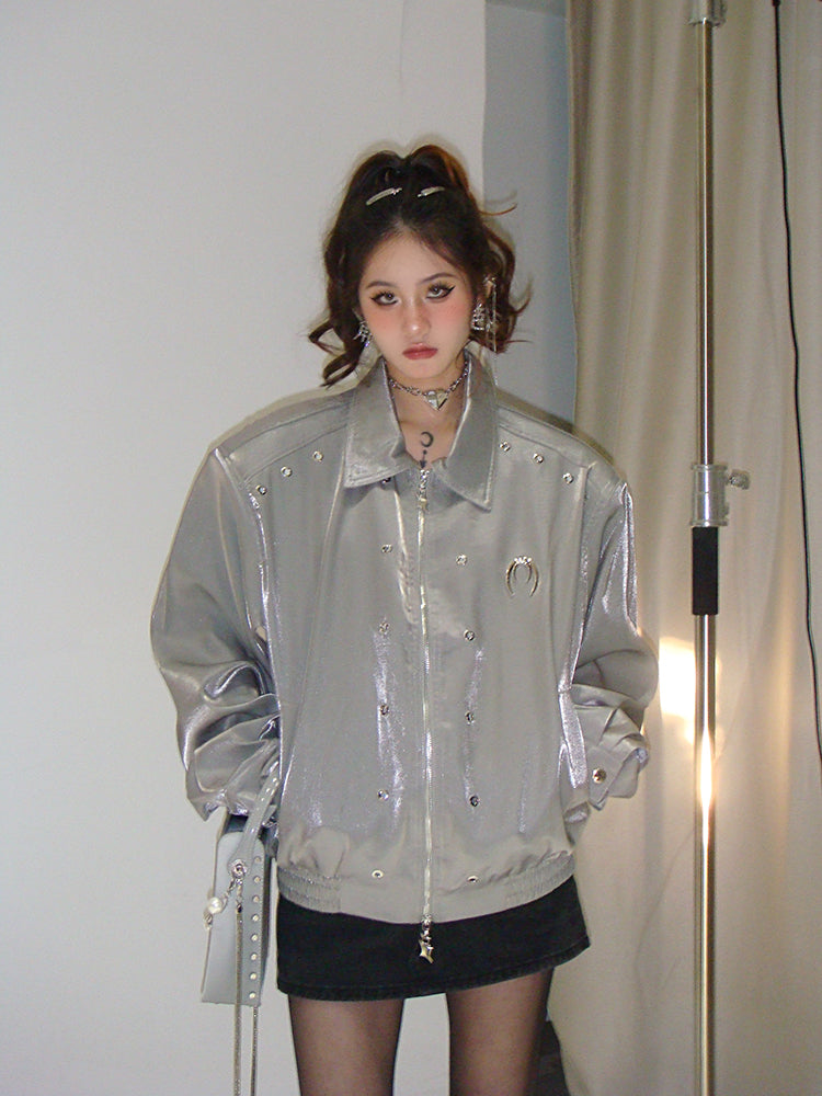 Alexia Solid Color Silver Reflective Leather Long Sleeve Zip Up Jacket