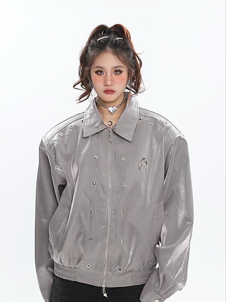 Alexia Solid Color Silver Reflective Leather Long Sleeve Zip Up Jacket