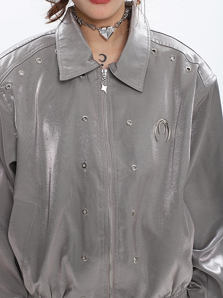 Alexia Solid Color Silver Reflective Leather Long Sleeve Zip Up Jacket