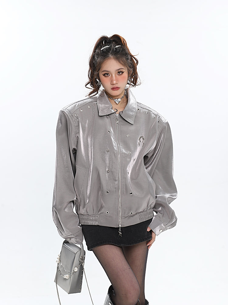 Alexia Solid Color Silver Reflective Leather Long Sleeve Zip Up Jacket