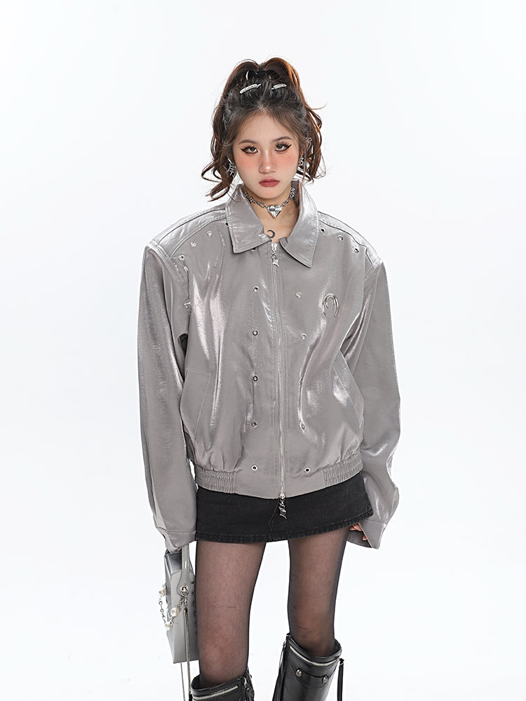 Alexia Solid Color Silver Reflective Leather Long Sleeve Zip Up Jacket