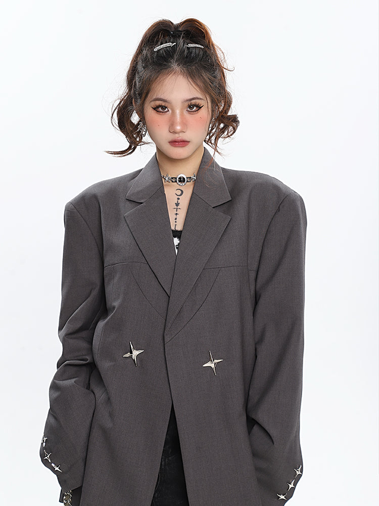 Elliana Solid Color Silver Twinkle Star Embroidery Brooch Long Sleeve Blazer Jacket