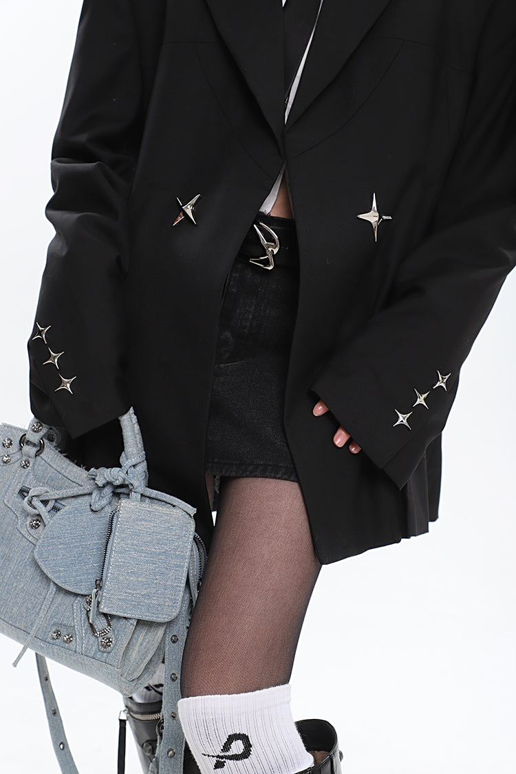 Elliana Solid Color Silver Twinkle Star Embroidery Brooch Long Sleeve Blazer Jacket