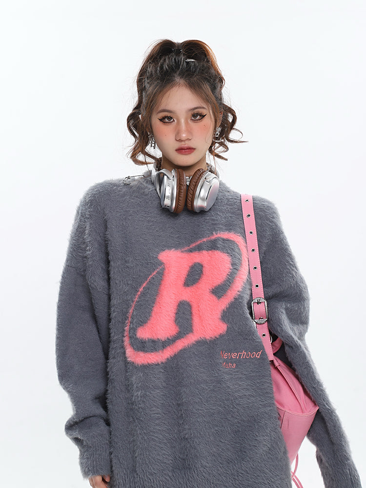 R Halo Neverhood Muha Graphic Image Print Letter Embroidery Long Sleeve Fleece Sweater