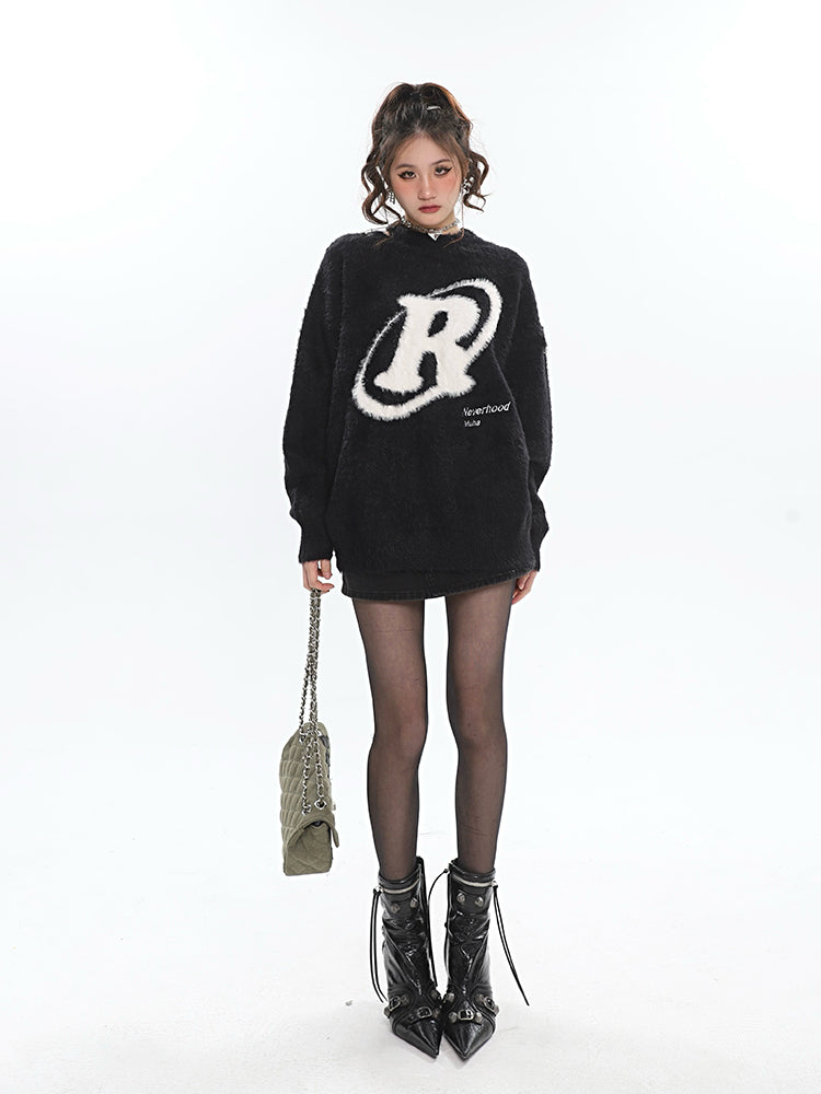 R Halo Neverhood Muha Graphic Image Print Letter Embroidery Long Sleeve Fleece Sweater