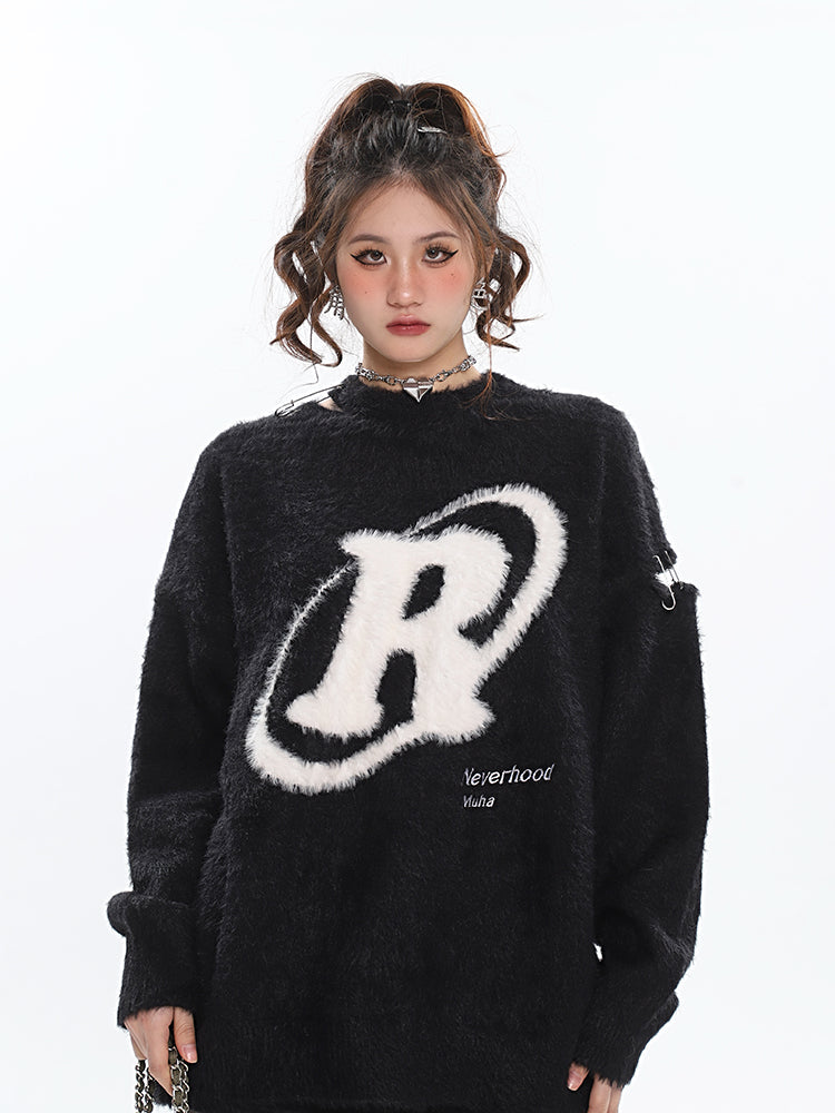 R Halo Neverhood Muha Graphic Image Print Letter Embroidery Long Sleeve Fleece Sweater