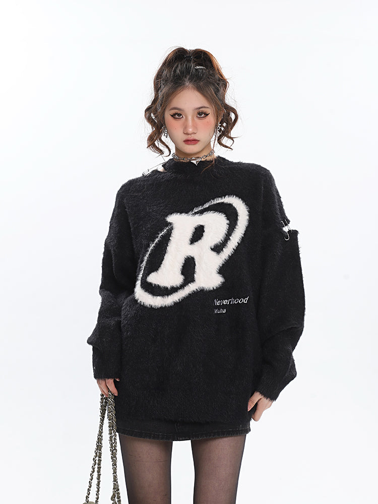 R Halo Neverhood Muha Graphic Image Print Letter Embroidery Long Sleeve Fleece Sweater