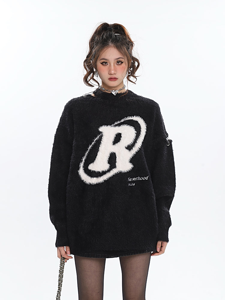 R Halo Neverhood Muha Graphic Image Print Letter Embroidery Long Sleeve Fleece Sweater