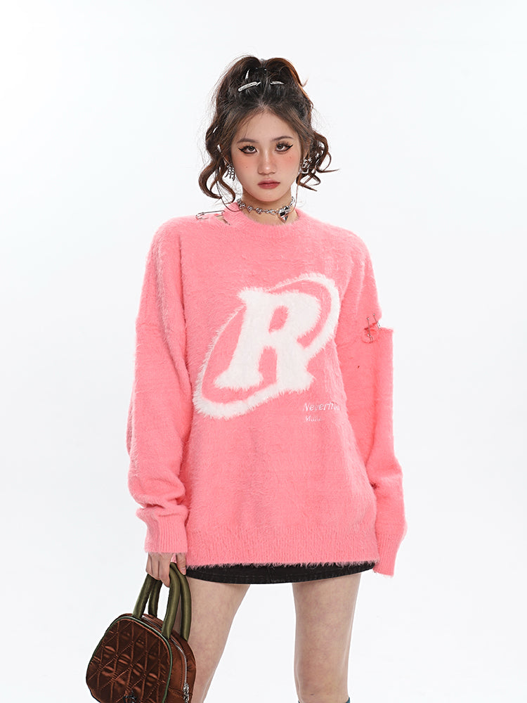 R Halo Neverhood Muha Graphic Image Print Letter Embroidery Long Sleeve Fleece Sweater