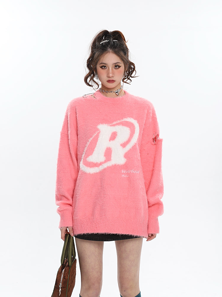 R Halo Neverhood Muha Graphic Image Print Letter Embroidery Long Sleeve Fleece Sweater