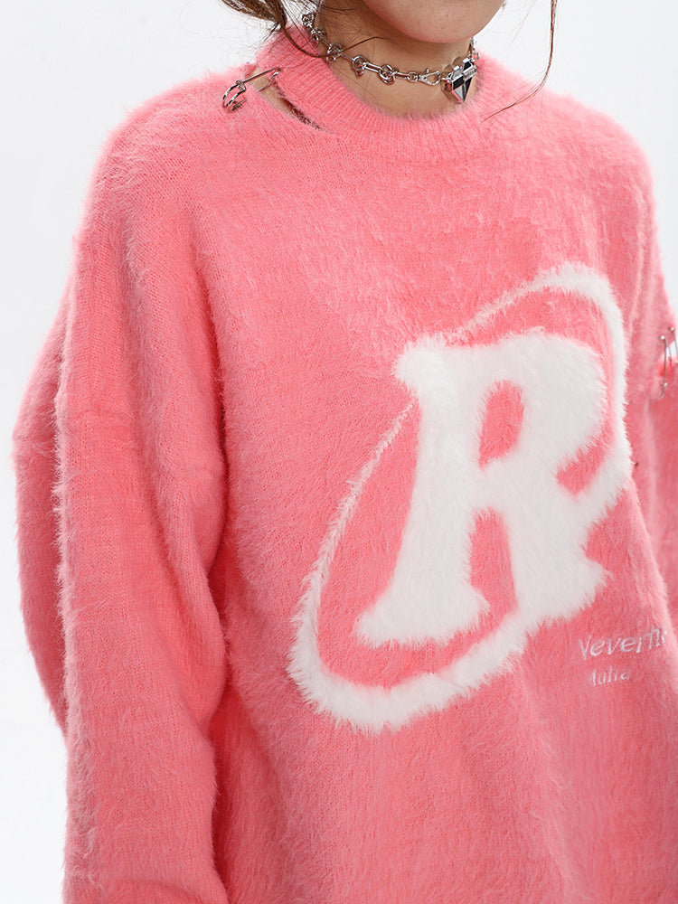 R Halo Neverhood Muha Graphic Image Print Letter Embroidery Long Sleeve Fleece Sweater