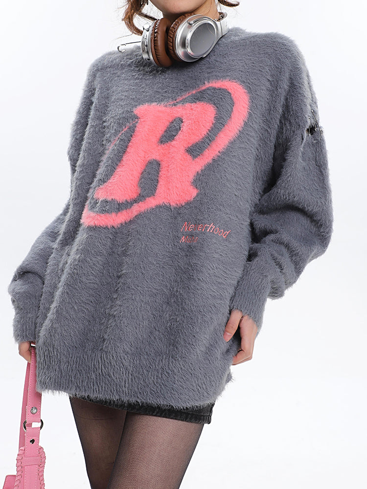 R Halo Neverhood Muha Graphic Image Print Letter Embroidery Long Sleeve Fleece Sweater