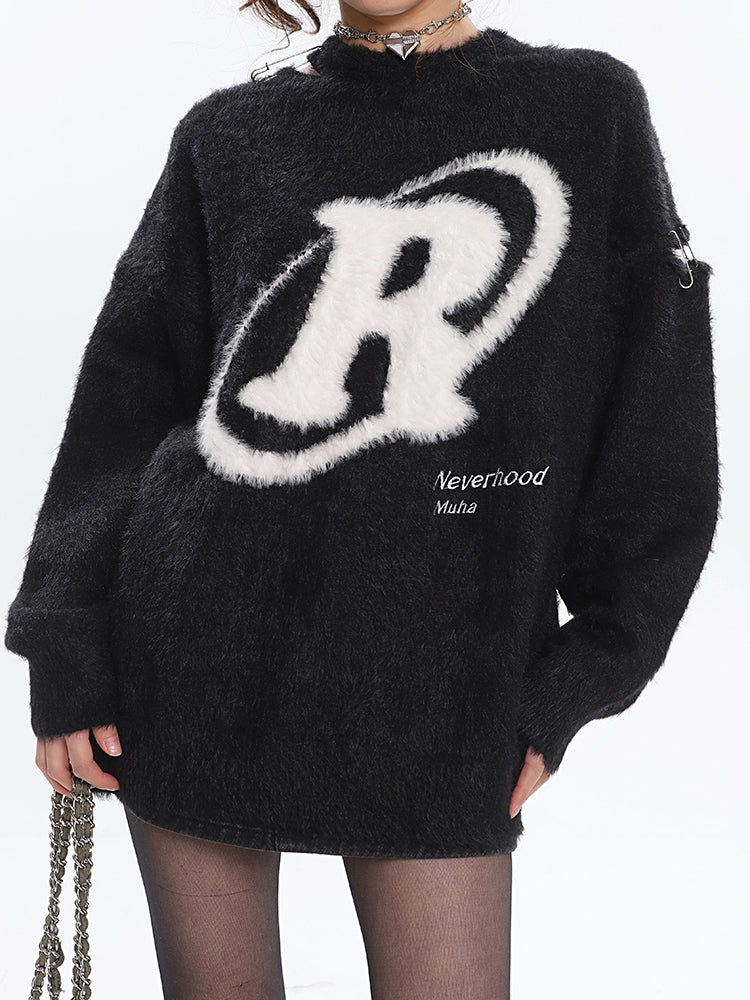 R Halo Neverhood Muha Graphic Image Print Letter Embroidery Long Sleeve Fleece Sweater