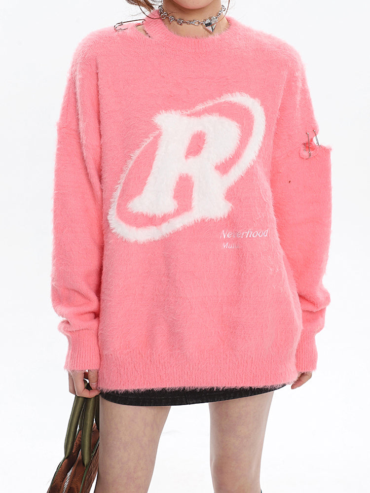 R Halo Neverhood Muha Graphic Image Print Letter Embroidery Long Sleeve Fleece Sweater