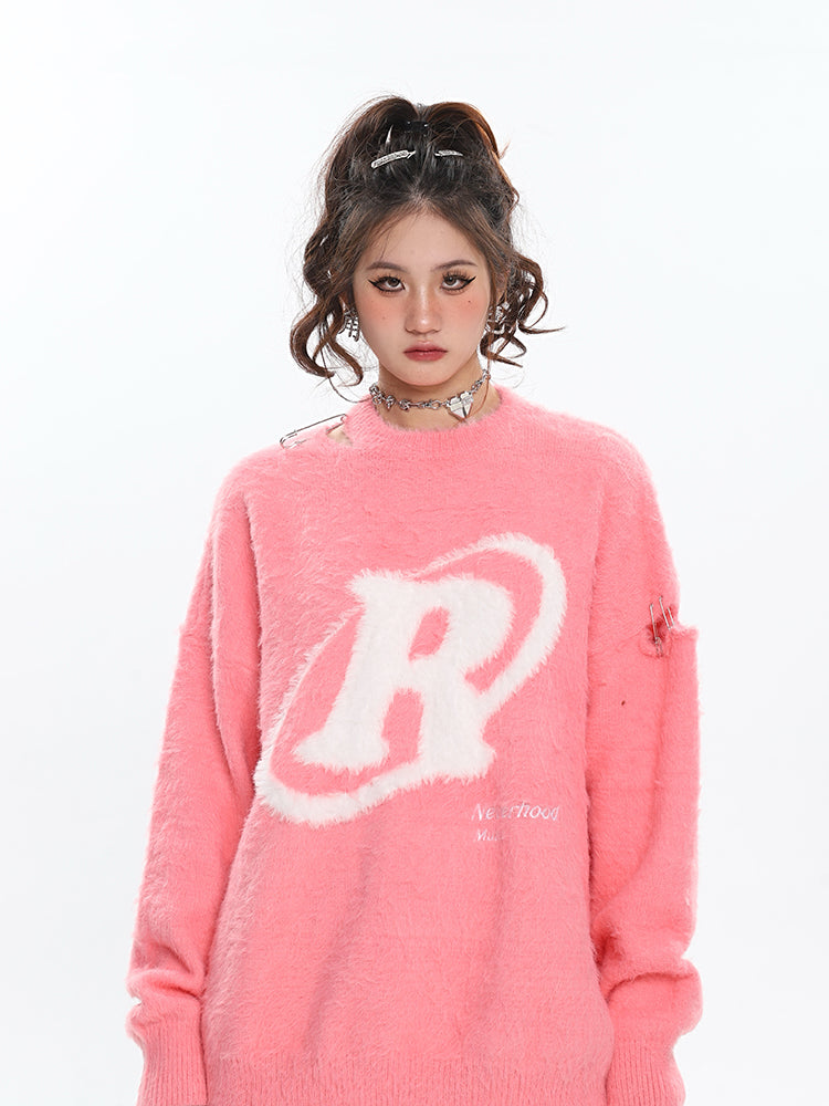 R Halo Neverhood Muha Graphic Image Print Letter Embroidery Long Sleeve Fleece Sweater