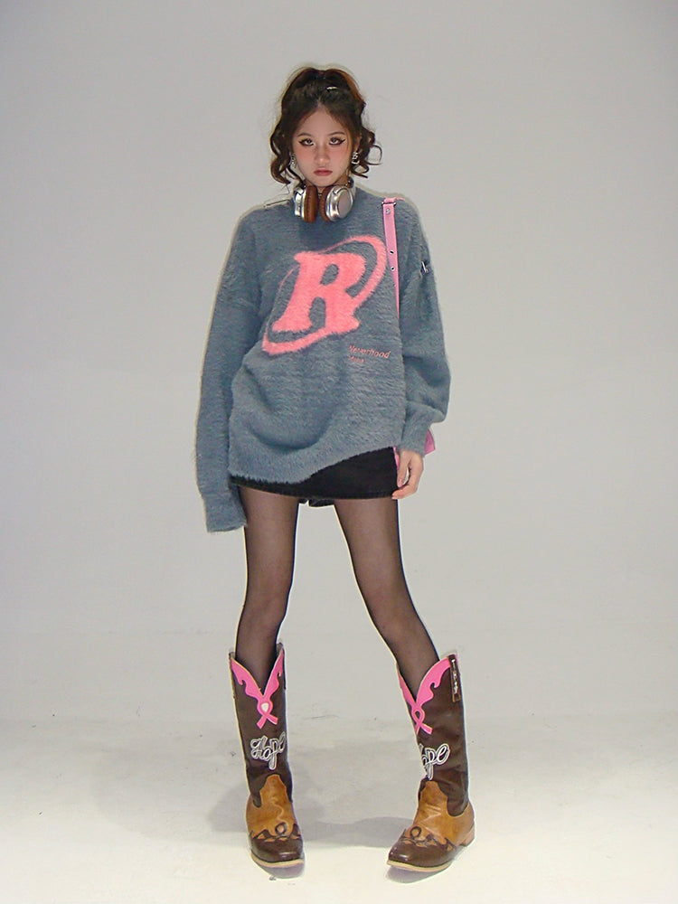 R Halo Neverhood Muha Graphic Image Print Letter Embroidery Long Sleeve Fleece Sweater