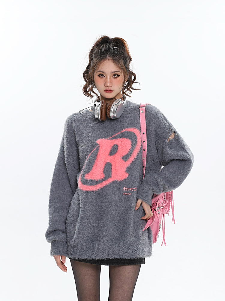 R Halo Neverhood Muha Graphic Image Print Letter Embroidery Long Sleeve Fleece Sweater