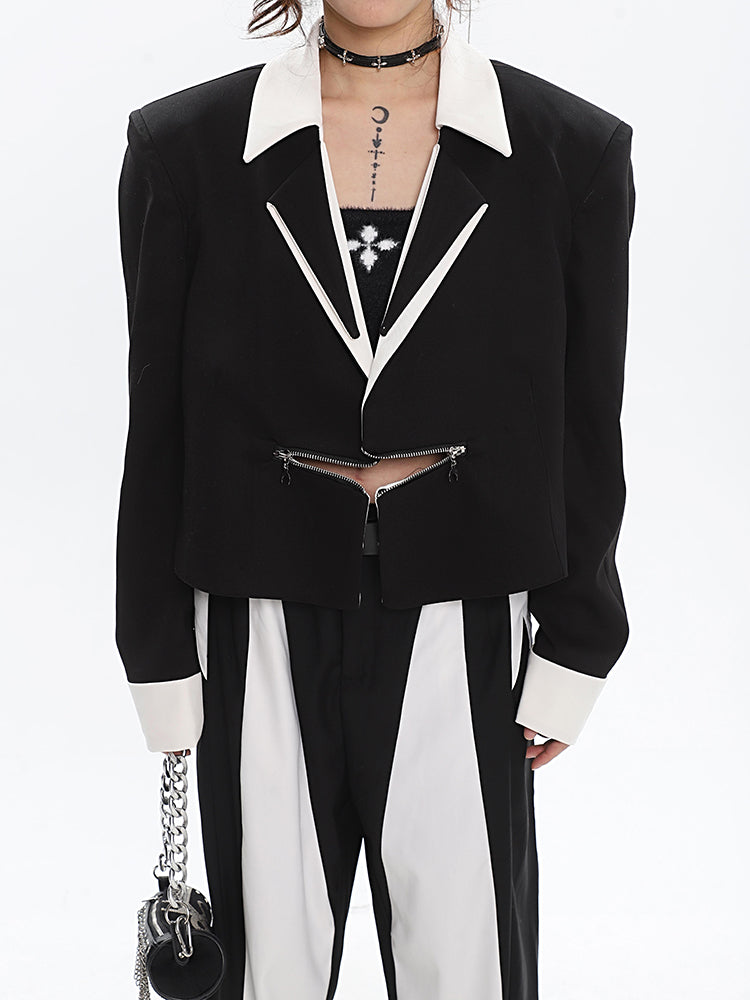 Helena Contrast Color Horizontal Zipper Long Sleev Zip Up Blazer Jacket