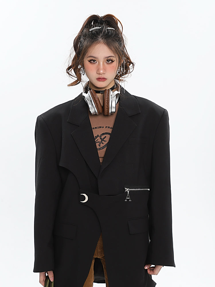 A Croissant Moon Silver Brooch Embroidery Zipper Button Up Long Sleeve Button Up Blazer Jacket