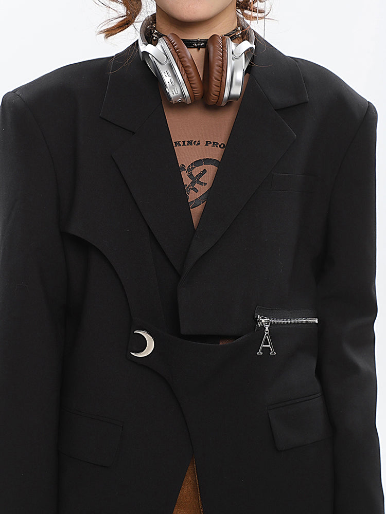 A Croissant Moon Silver Brooch Embroidery Zipper Button Up Long Sleeve Button Up Blazer Jacket