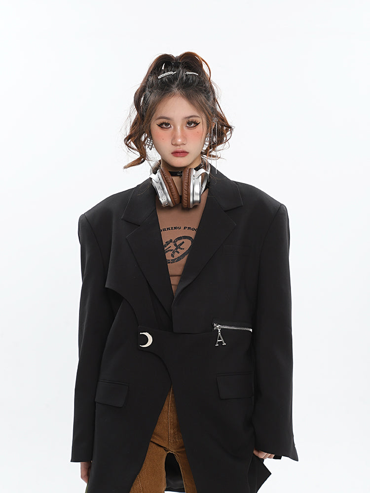 A Croissant Moon Silver Brooch Embroidery Zipper Button Up Long Sleeve Button Up Blazer Jacket