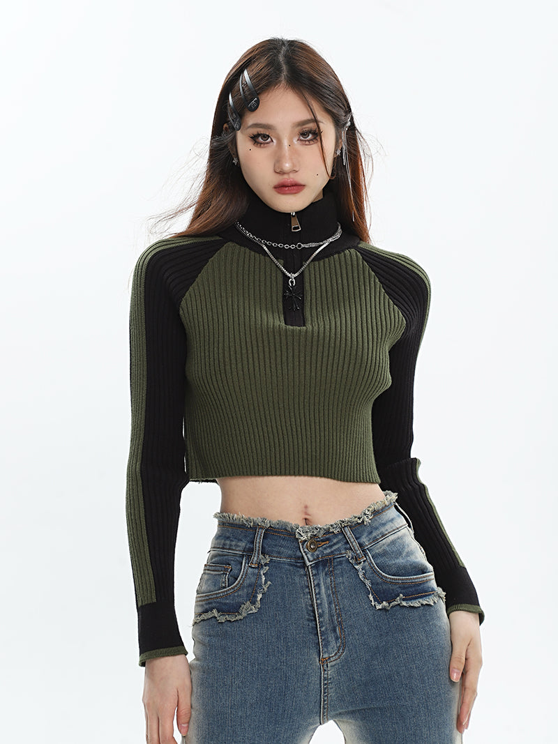 Zariah Patchwork Ribbed Zip Up Turtleneck Long Sleeve Cropped Sweater Top