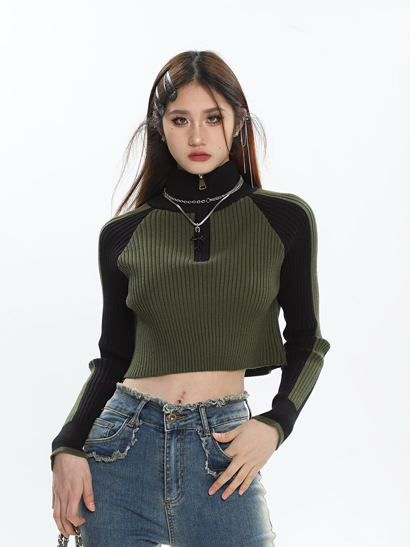 Zariah Patchwork Ribbed Zip Up Turtleneck Long Sleeve Cropped Sweater Top