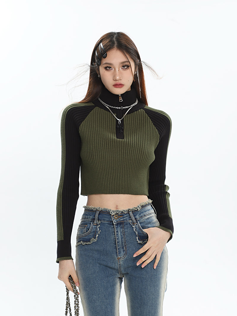 Zariah Patchwork Ribbed Zip Up Turtleneck Long Sleeve Cropped Sweater Top