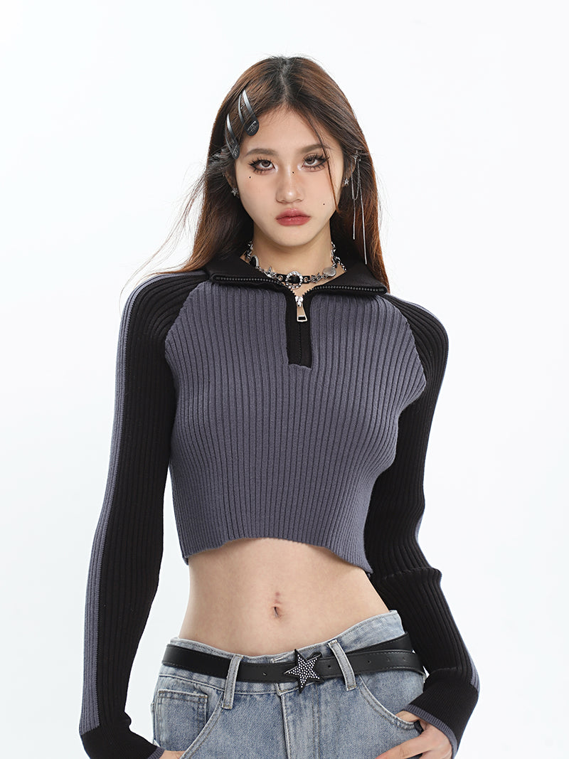 Zariah Patchwork Ribbed Zip Up Turtleneck Long Sleeve Cropped Sweater Top