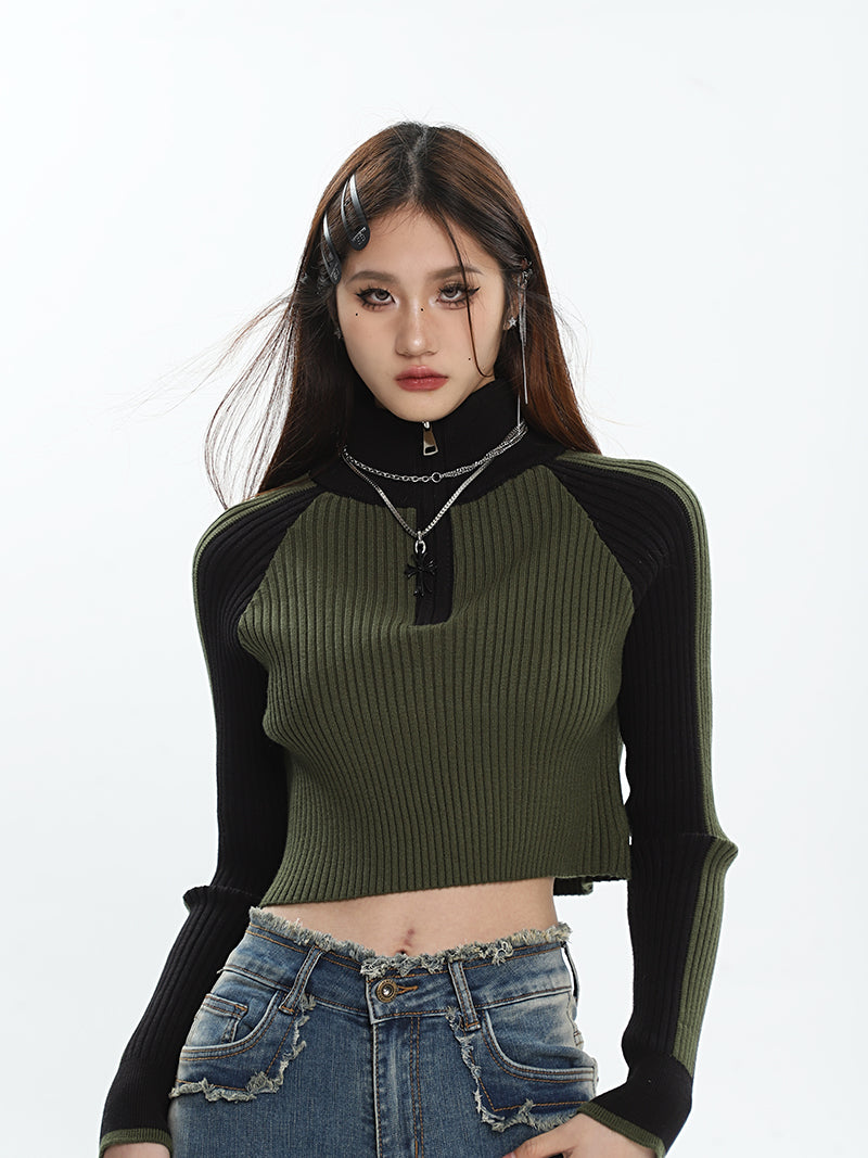 Zariah Patchwork Ribbed Zip Up Turtleneck Long Sleeve Cropped Sweater Top