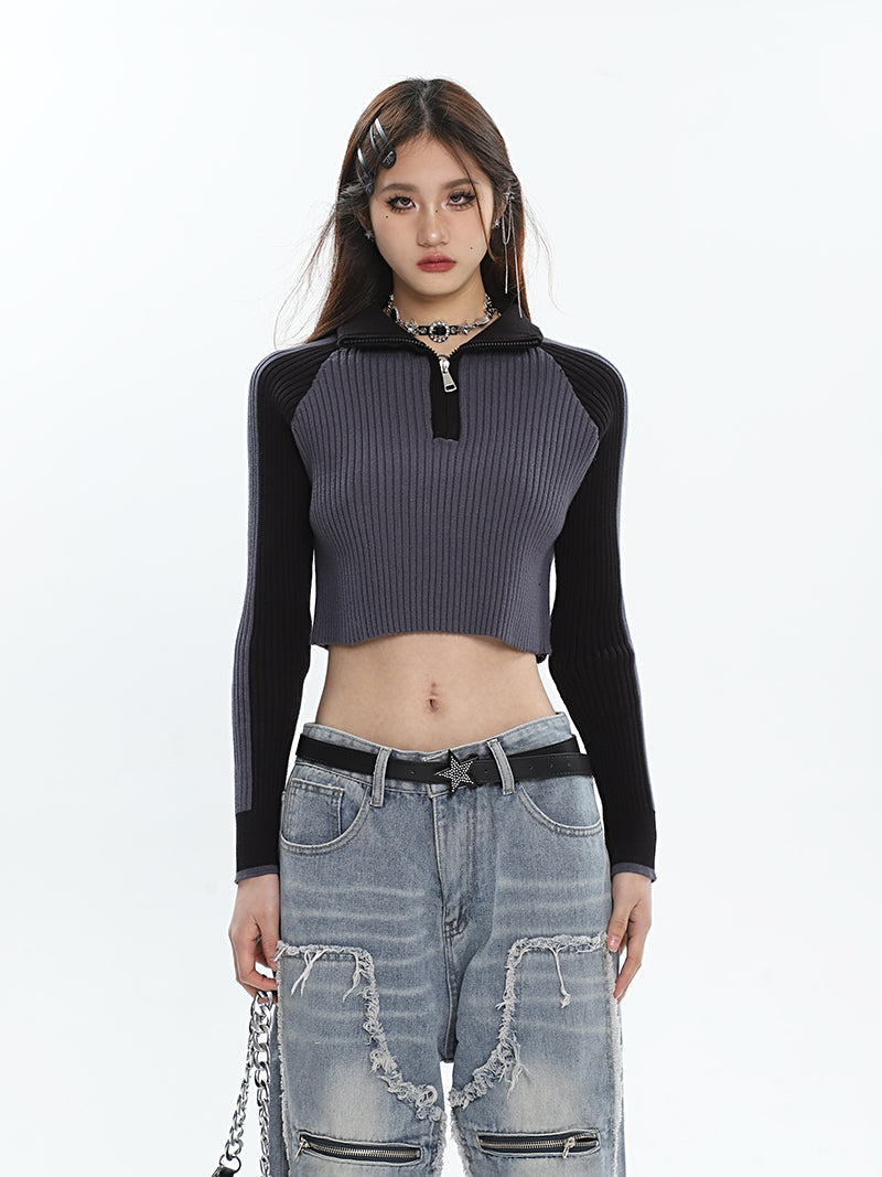 Zariah Patchwork Ribbed Zip Up Turtleneck Long Sleeve Cropped Sweater Top