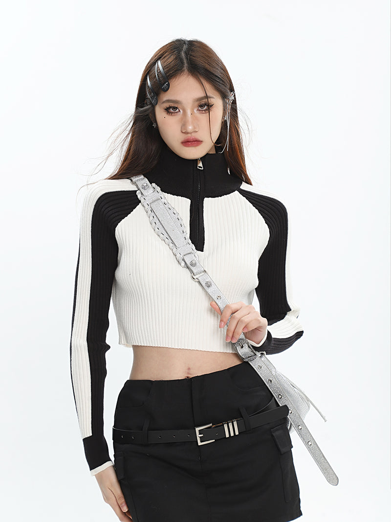 Zariah Patchwork Ribbed Zip Up Turtleneck Long Sleeve Cropped Sweater Top