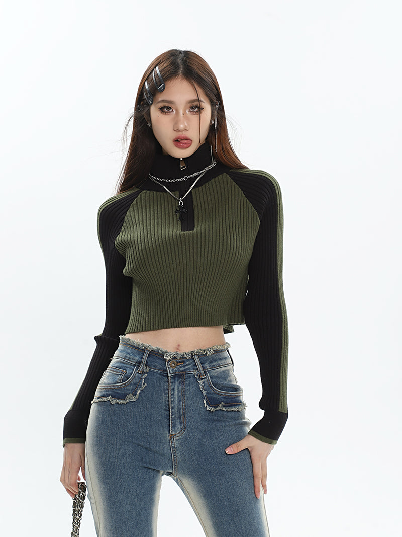 Zariah Patchwork Ribbed Zip Up Turtleneck Long Sleeve Cropped Sweater Top