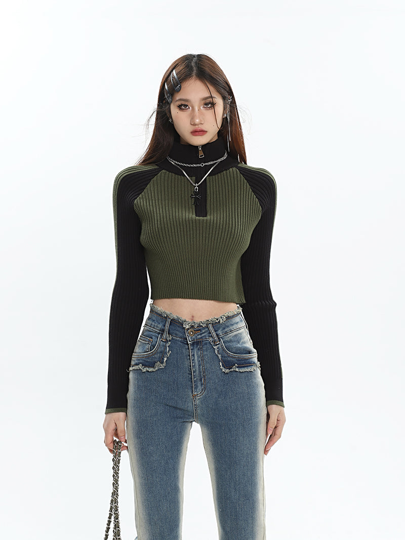 Zariah Patchwork Ribbed Zip Up Turtleneck Long Sleeve Cropped Sweater Top