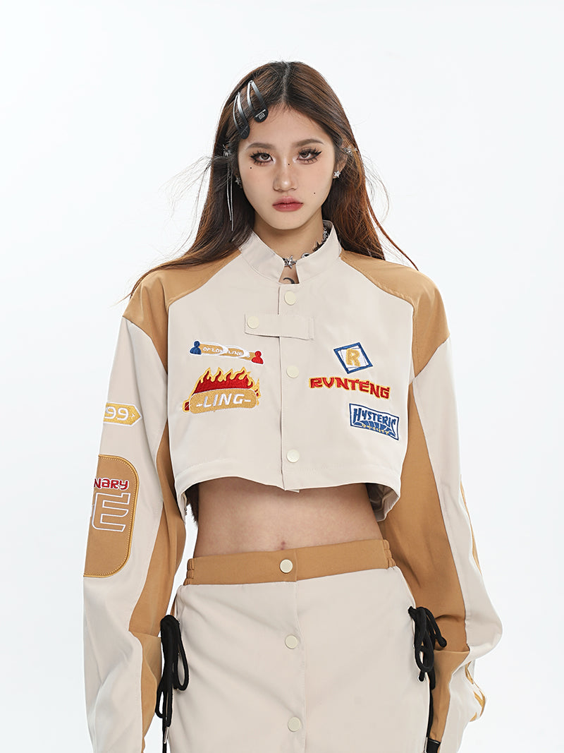 LING Patchwork Long Sleeve Detachable Button Up Skirt Cropped Jacket Set