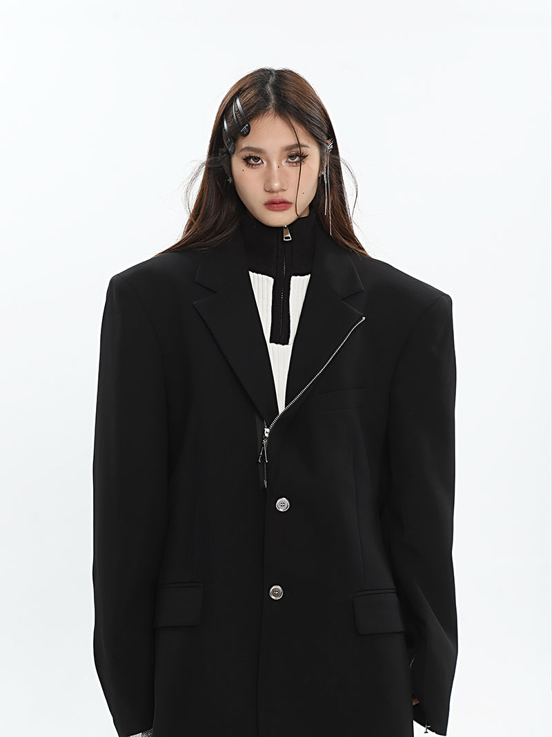 Mina Solid Color Zip Up Button Up Long Sleeve Blazer Jacket