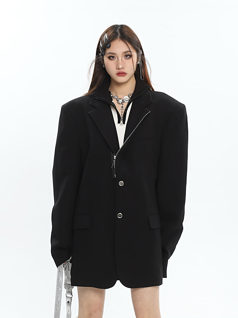 Mina Solid Color Zip Up Button Up Long Sleeve Blazer Jacket