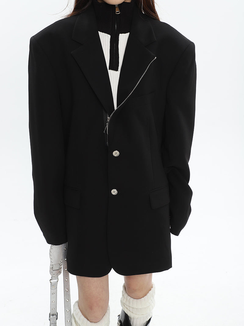 Mina Solid Color Zip Up Button Up Long Sleeve Blazer Jacket