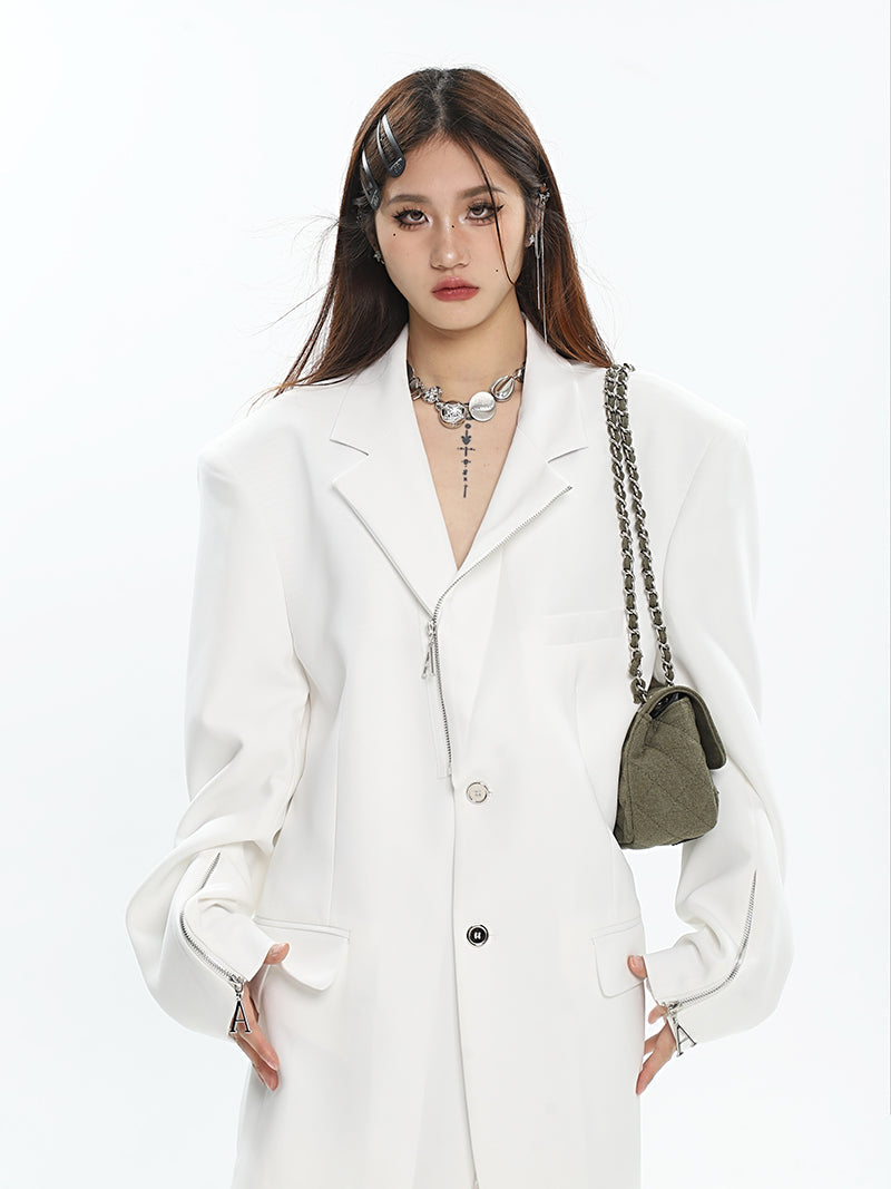 Mina Solid Color Zip Up Button Up Long Sleeve Blazer Jacket