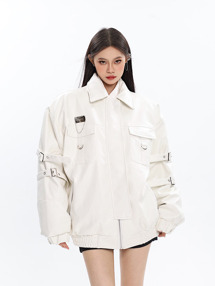 Maya Solid Color White Long Sleeve Multi-Strap Long Sleeve Zip Up Jacket